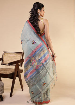 Grey Linen Silk Saree With Blouse Piece