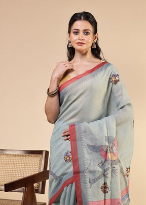 Grey Linen Silk Saree With Blouse Piece