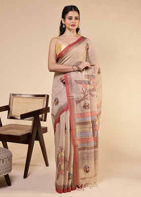 Cream Linen Silk Saree With Blouse Piece