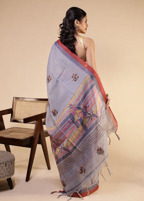 Blue Linen Silk Saree With Blouse Piece