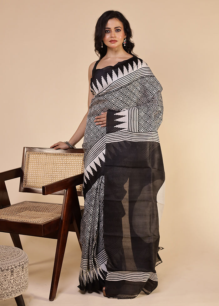 White Printed Pure Silk Saree Without Blouse Piece