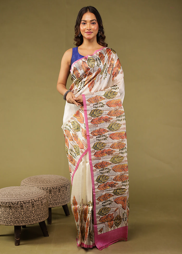 White Printed Pure Silk Saree With Blouse Piece