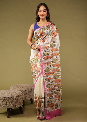 White Printed Pure Silk Saree With Blouse Piece