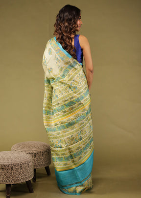 Cream Printed Pure Silk Saree With Blouse Piece