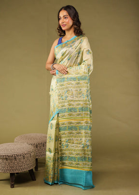 Cream Printed Pure Silk Saree With Blouse Piece