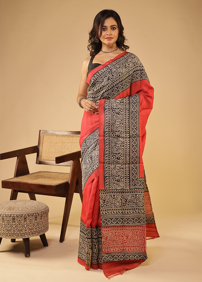 Red Handloom Tussar Pure Silk Saree With Blouse Piece