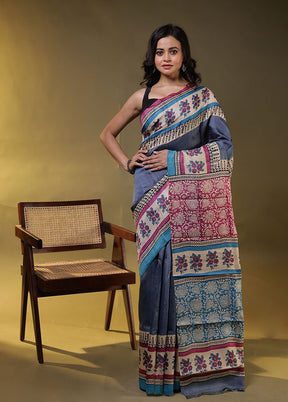 Blue Handloom Tussar Pure Silk Saree With Blouse Piece