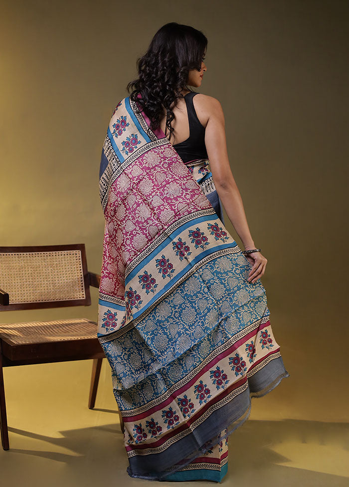 Blue Handloom Tussar Pure Silk Saree With Blouse Piece