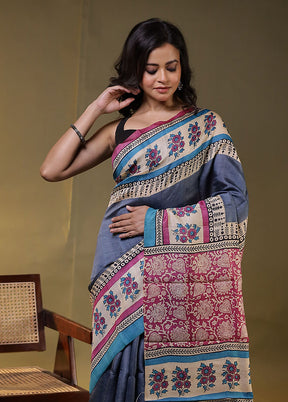 Blue Handloom Tussar Pure Silk Saree With Blouse Piece
