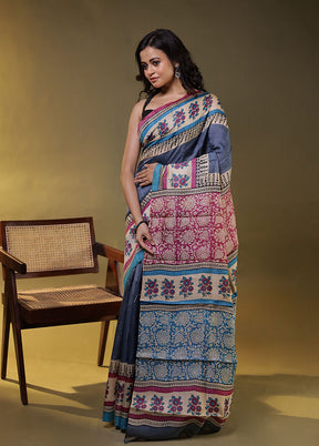 Blue Handloom Tussar Pure Silk Saree With Blouse Piece