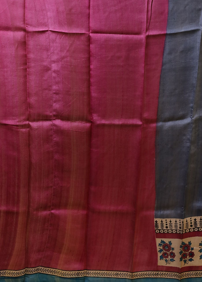 Blue Handloom Tussar Pure Silk Saree With Blouse Piece