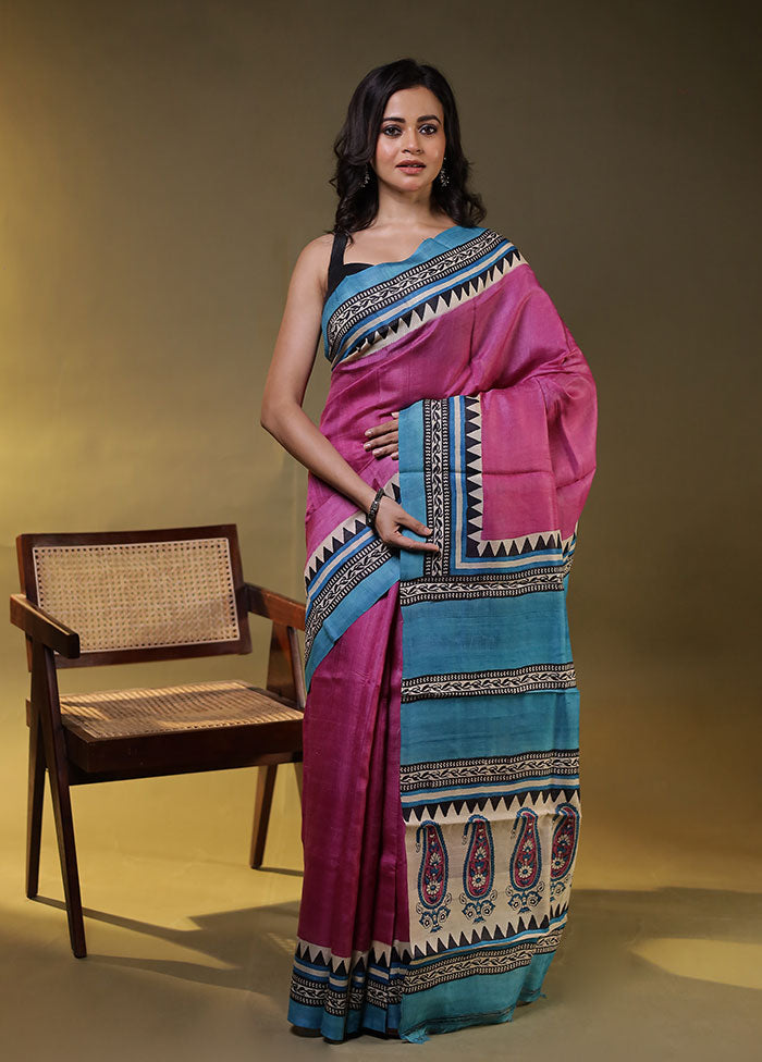 Purple Handloom Tussar Pure Silk Saree With Blouse Piece