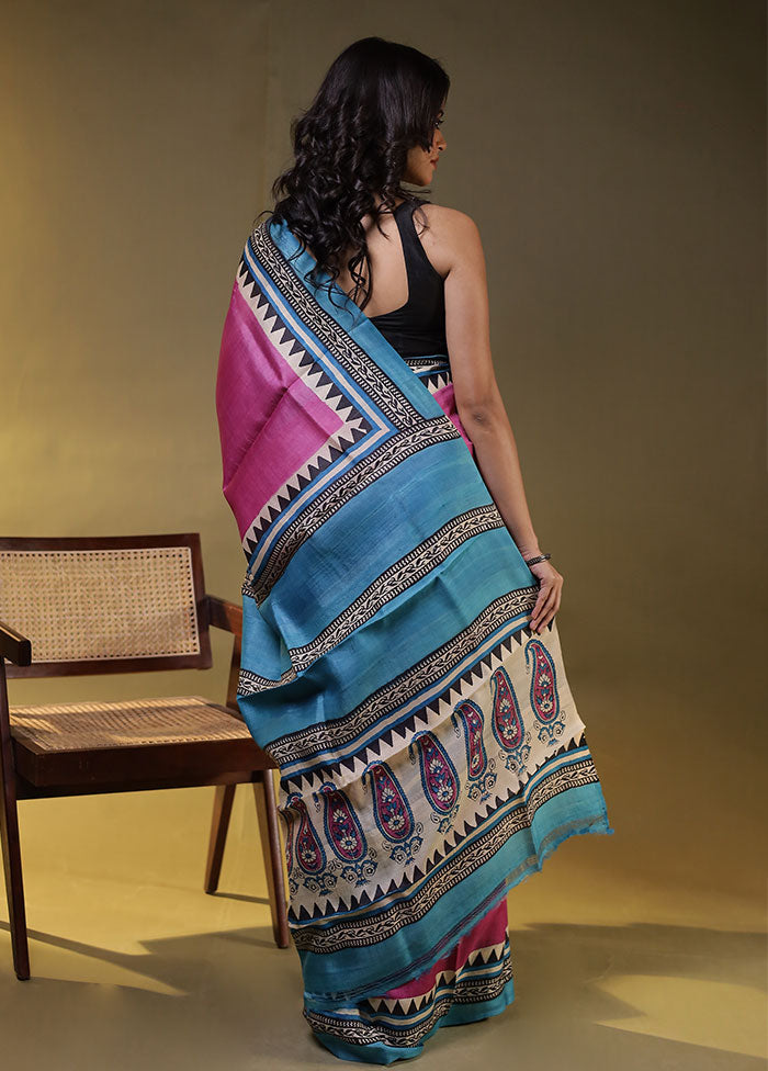Purple Handloom Tussar Pure Silk Saree With Blouse Piece