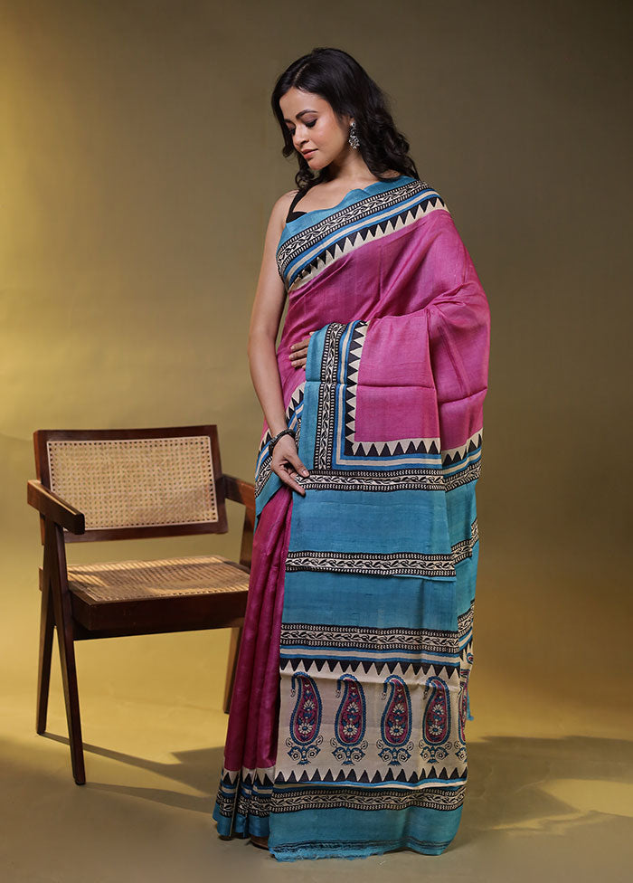 Purple Handloom Tussar Pure Silk Saree With Blouse Piece