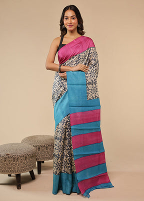 Blue Handloom Tussar Pure Silk Saree With Blouse Piece
