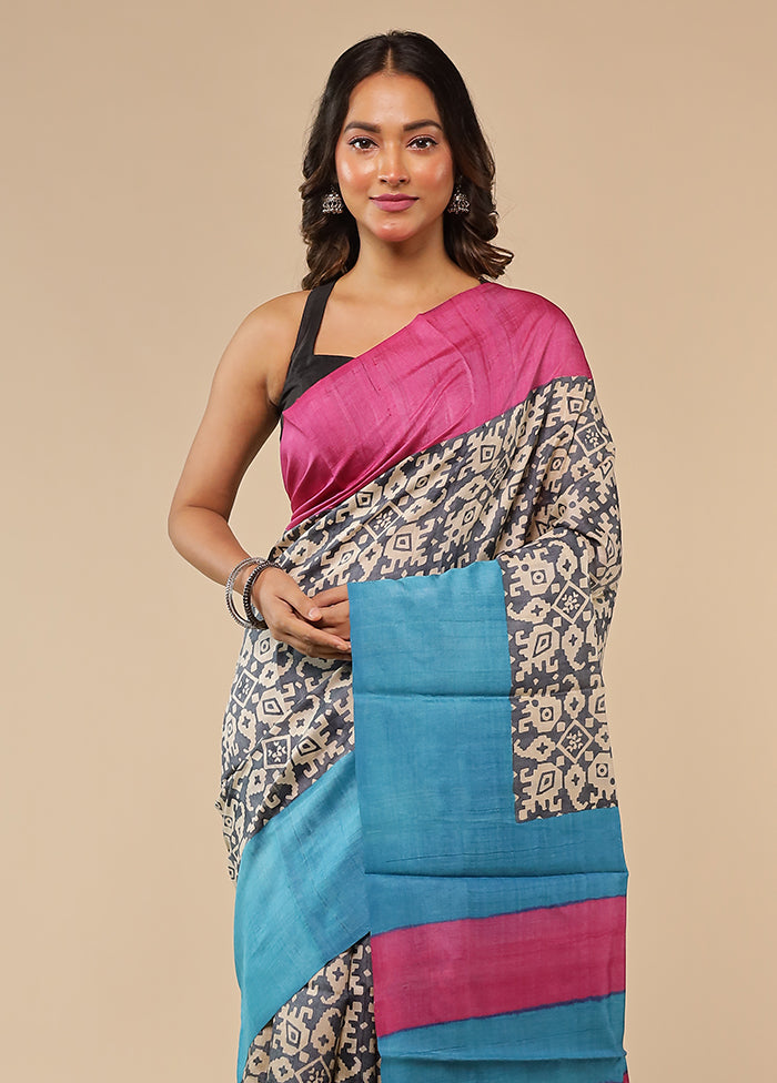 Blue Handloom Tussar Pure Silk Saree With Blouse Piece