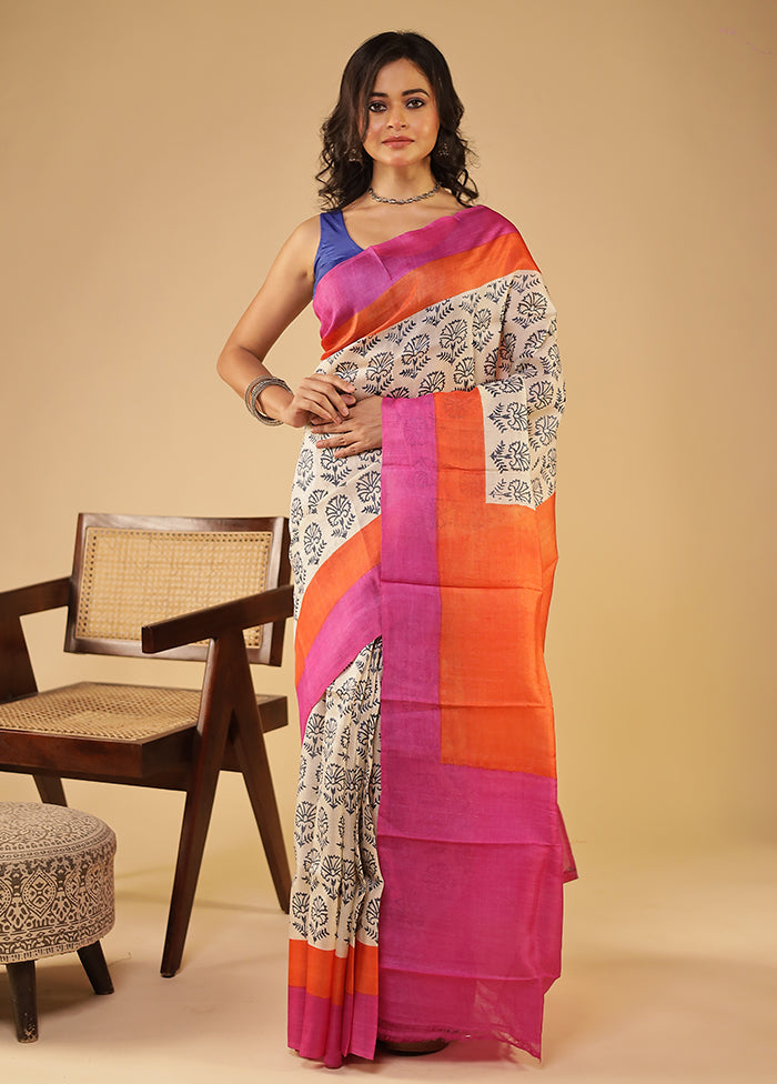 Orange Handloom Tussar Pure Silk Saree With Blouse Piece