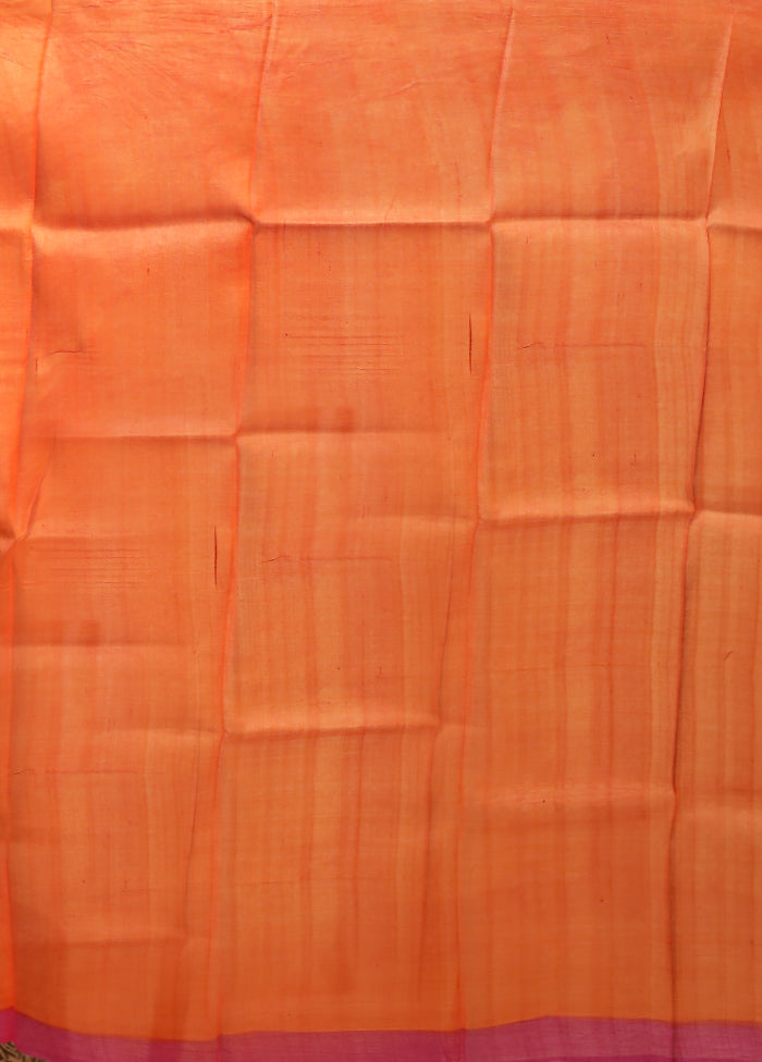 Orange Handloom Tussar Pure Silk Saree With Blouse Piece