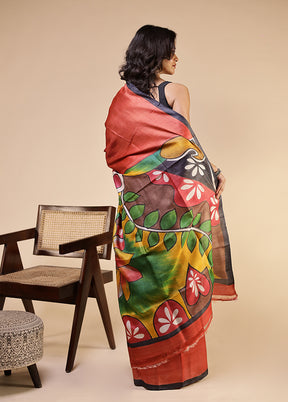 Multicolor Handloom Tussar Pure Silk Saree With Blouse Piece
