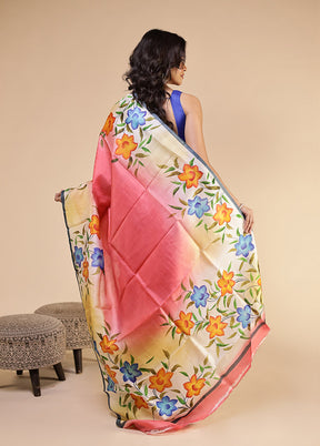 Pink Printed Pure Silk Saree Without Blouse Piece