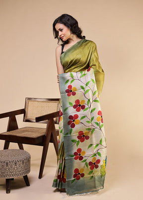 Green Printed Pure Silk Saree With Blouse Piece