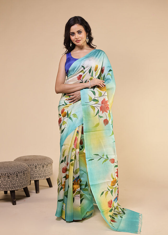 Multicolor Printed Pure Silk Saree With Blouse Piece