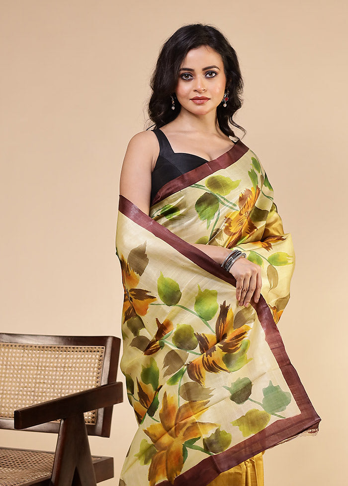 Yellow Printed Pure Silk Saree Without Blouse Piece