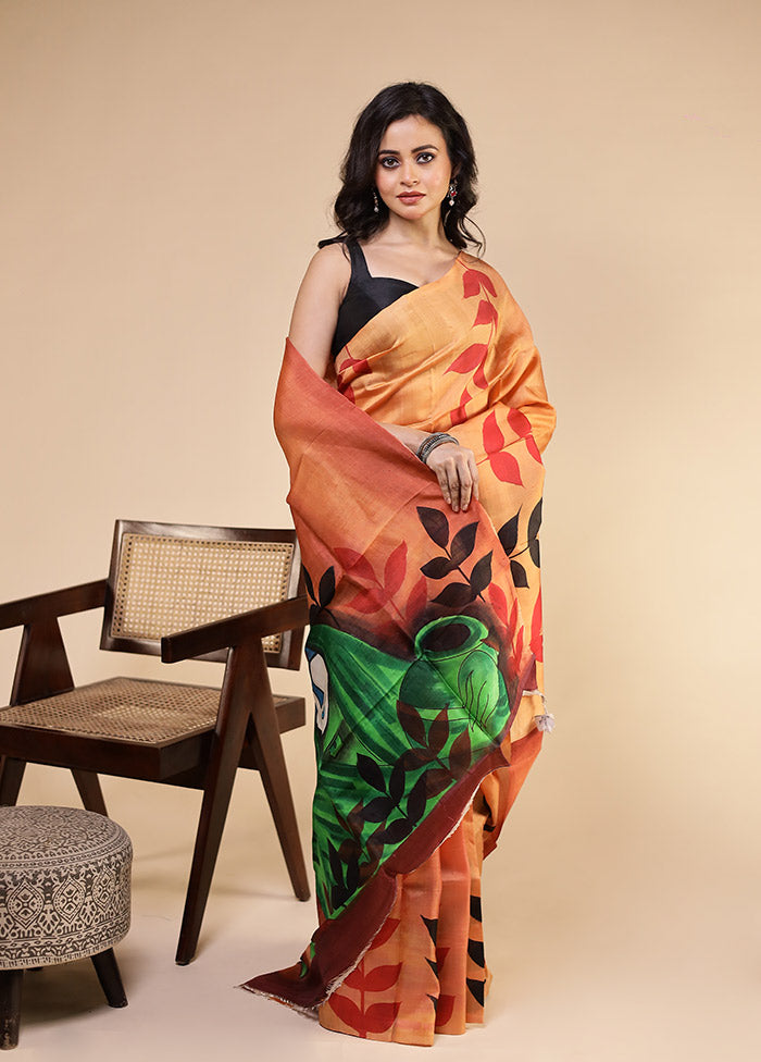 Peach Printed Pure Silk Saree Without Blouse Piece