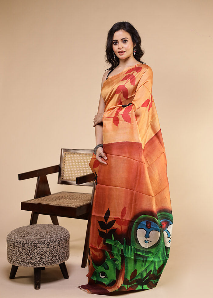 Peach Printed Pure Silk Saree With Blouse Piece