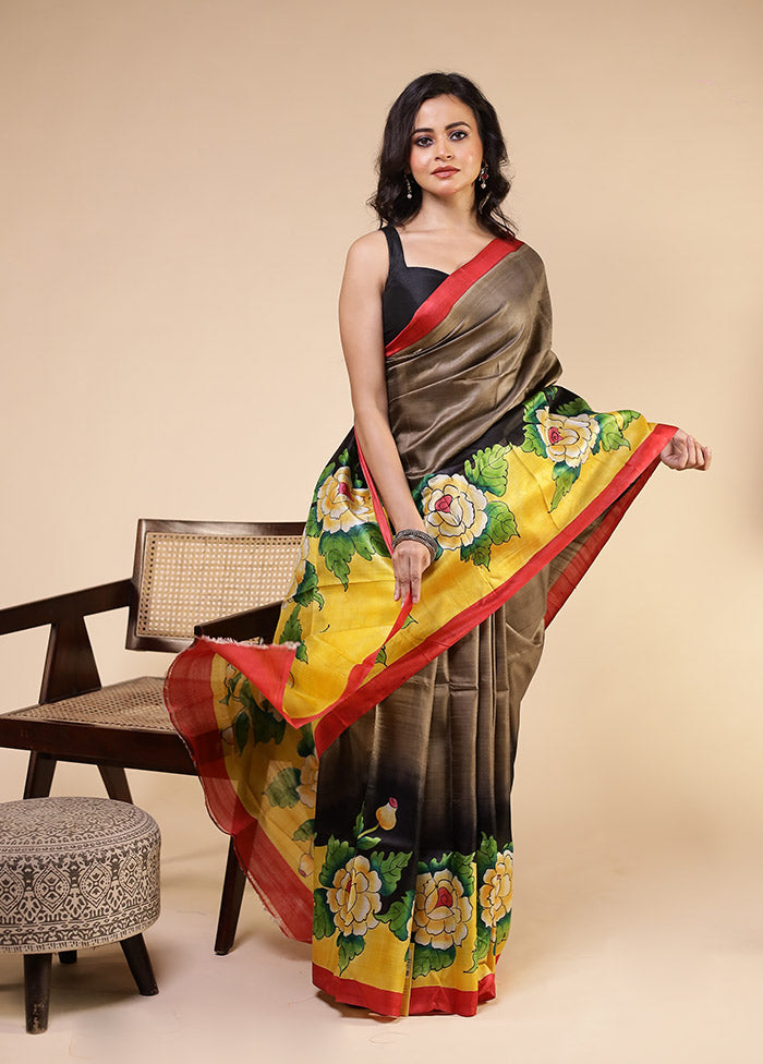 Grey Printed Pure Silk Saree Without Blouse Piece