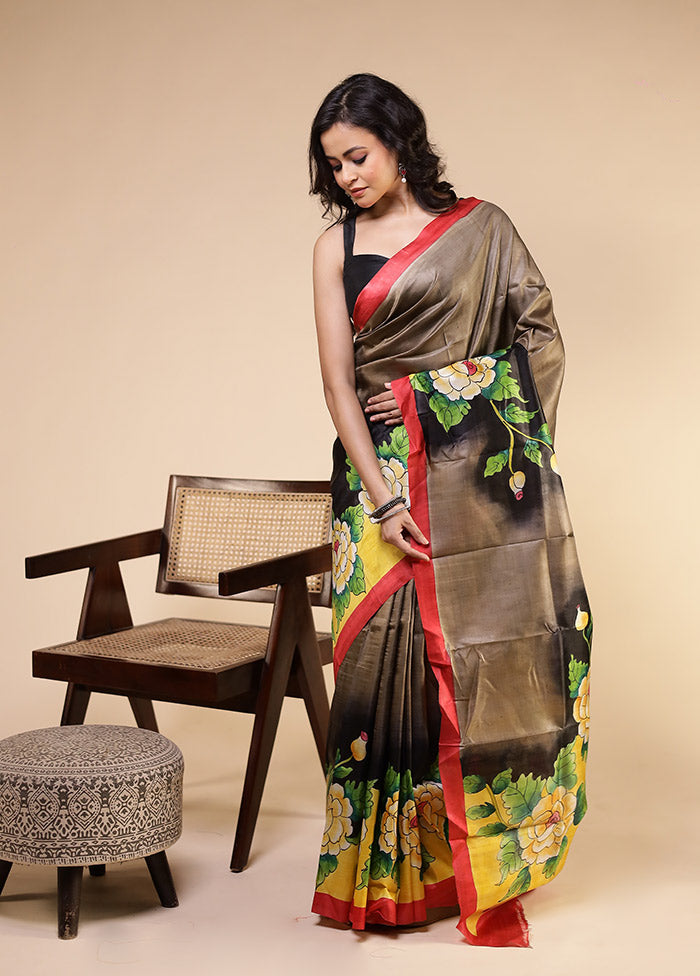 Grey Printed Pure Silk Saree Without Blouse Piece