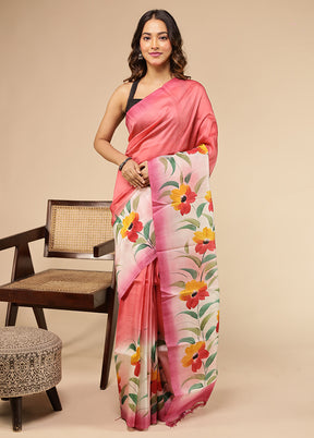 Pink Printed Pure Silk Saree Without Blouse Piece