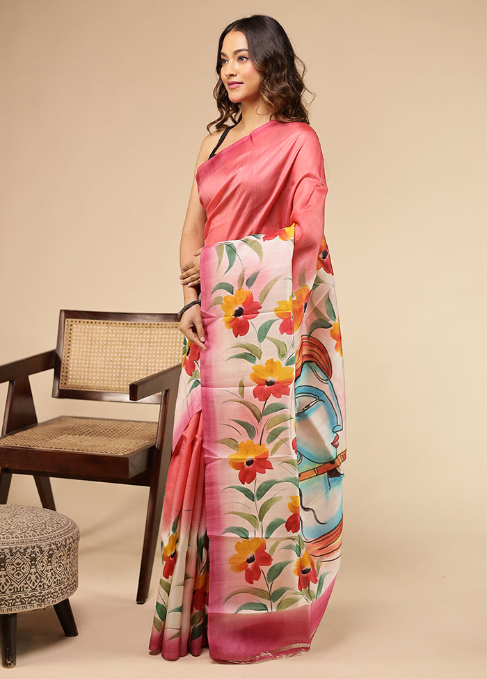 Pink Printed Pure Silk Saree Without Blouse Piece