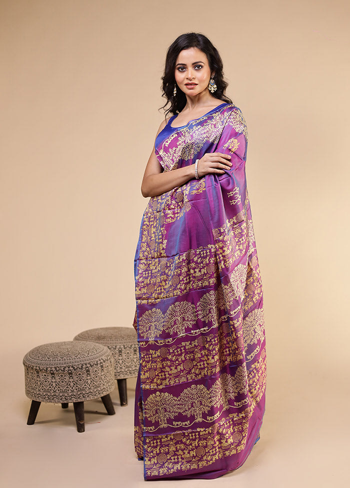 Purple Printed Pure Silk Saree Without Blouse Piece