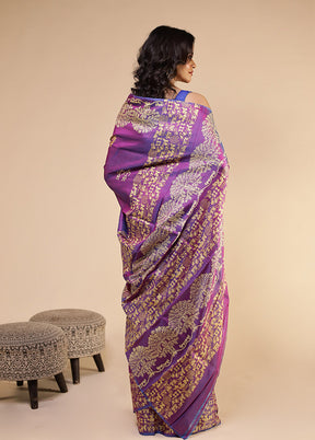 Purple Printed Pure Silk Saree Without Blouse Piece