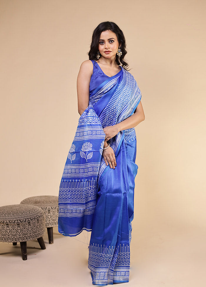 Blue Printed Pure Silk Saree With Blouse Piece