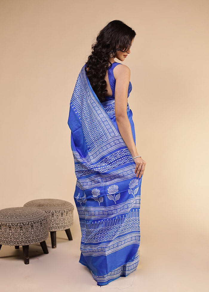 Blue Printed Pure Silk Saree Without Blouse Piece