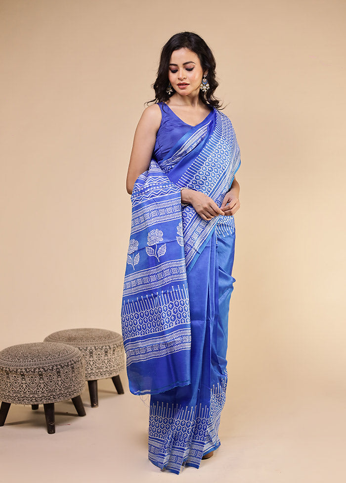 Blue Printed Pure Silk Saree Without Blouse Piece