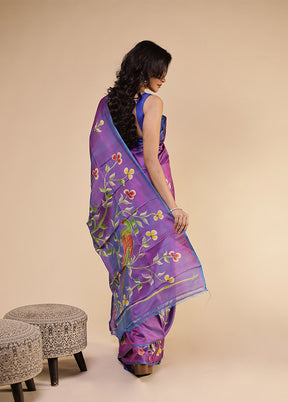 Purple Printed Pure Silk Saree Without Blouse Piece