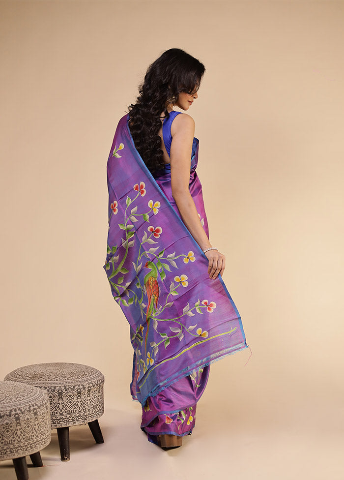 Purple Printed Pure Silk Saree Without Blouse Piece
