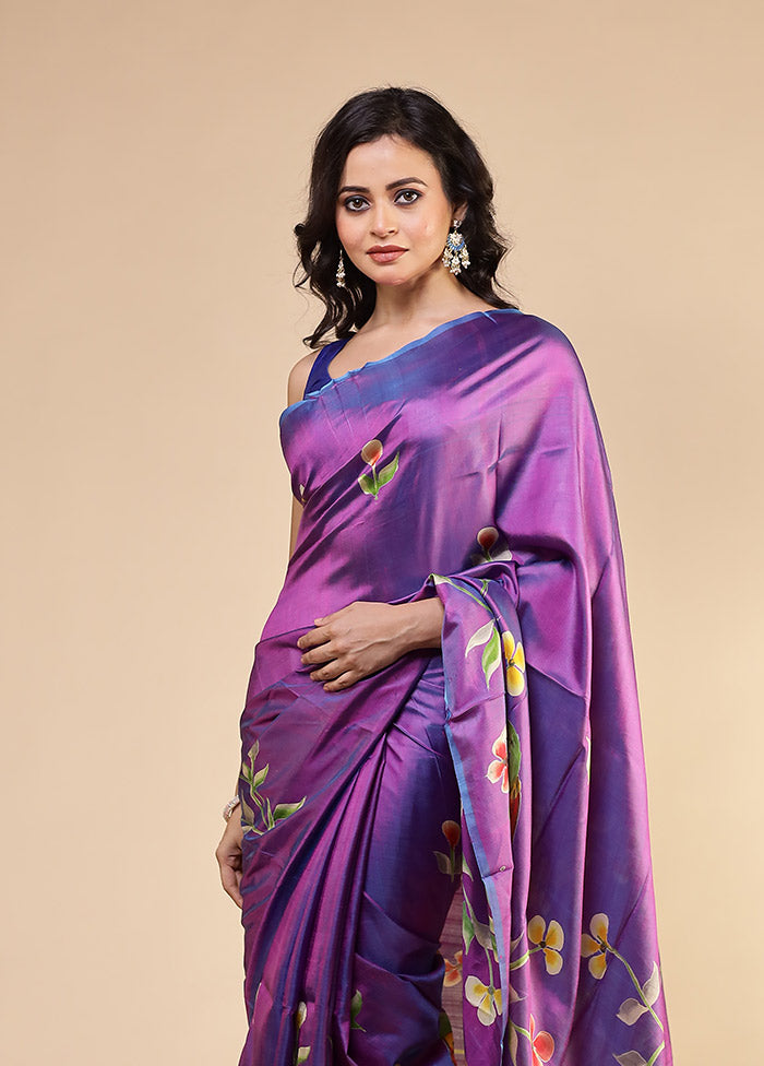 Purple Printed Pure Silk Saree Without Blouse Piece