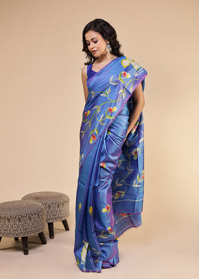 Blue Printed Pure Silk Saree Without Blouse Piece