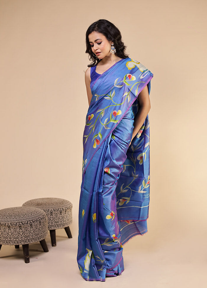 Blue Printed Pure Silk Saree With Blouse Piece
