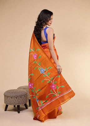 Orange Printed Pure Silk Saree Without Blouse Piece