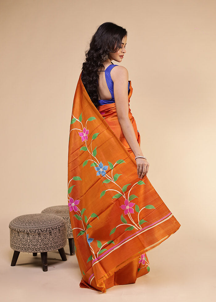 Orange Printed Pure Silk Saree Without Blouse Piece