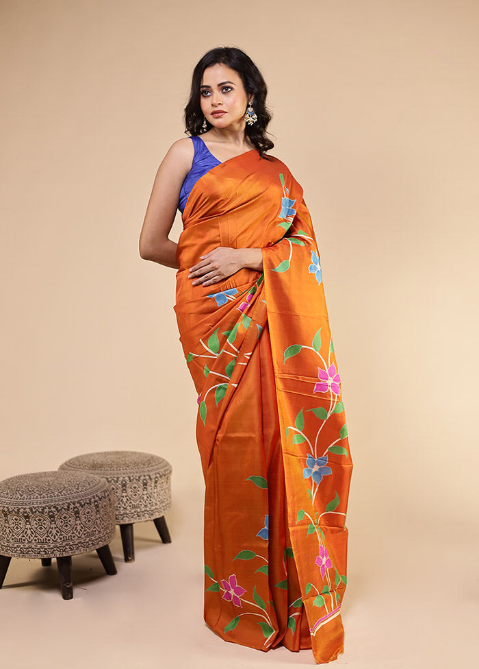 Orange Printed Pure Silk Saree Without Blouse Piece