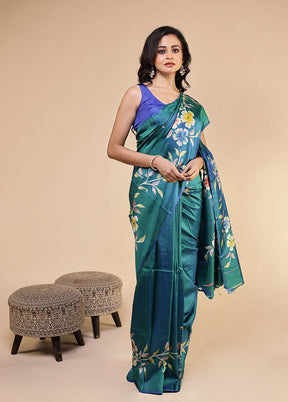 Green Printed Pure Silk Saree With Blouse Piece