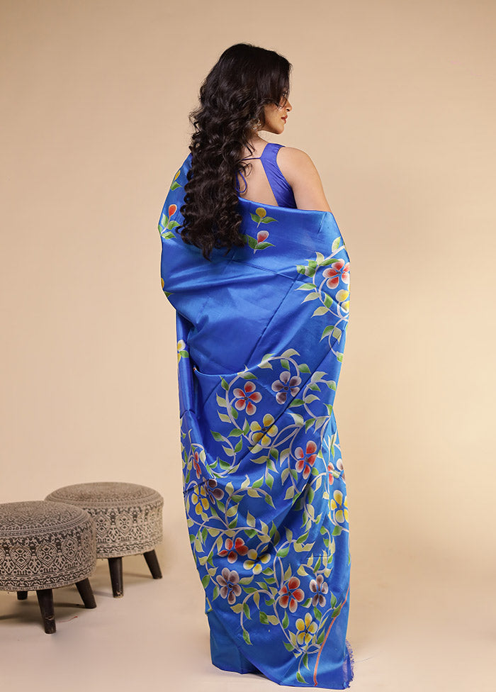 Blue Printed Pure Silk Saree Without Blouse Piece