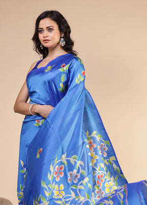 Blue Printed Pure Silk Saree Without Blouse Piece
