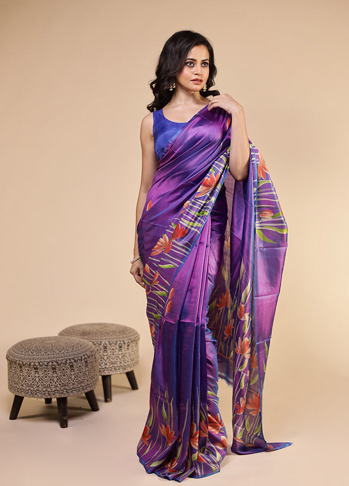 Purple Printed Pure Silk Saree With Blouse Piece